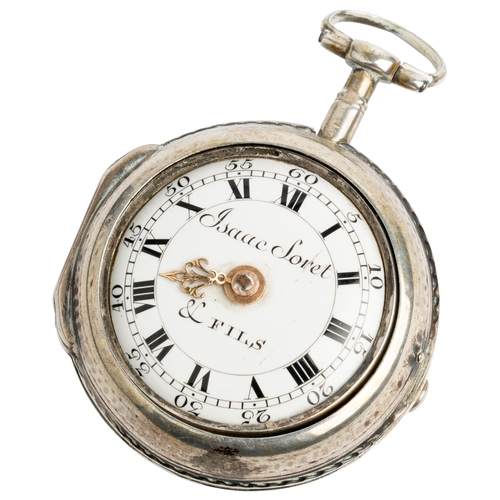 257 - A SWISS SILVER PAIR CASED VERGE WATCH OF SMALLSIZE. Signed outer white enamel dial Isaac Soret &... 