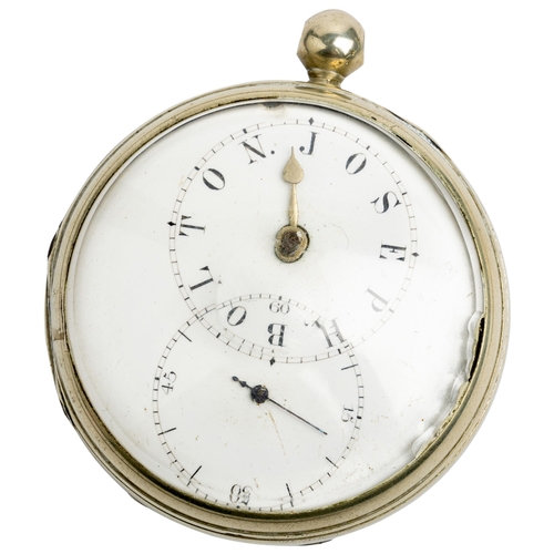 258 - A SILVER VERGE WATCH WITH ECCENTRIC DIAL. Signed G. Booth, London, No 13012, chapters spelling Josep... 