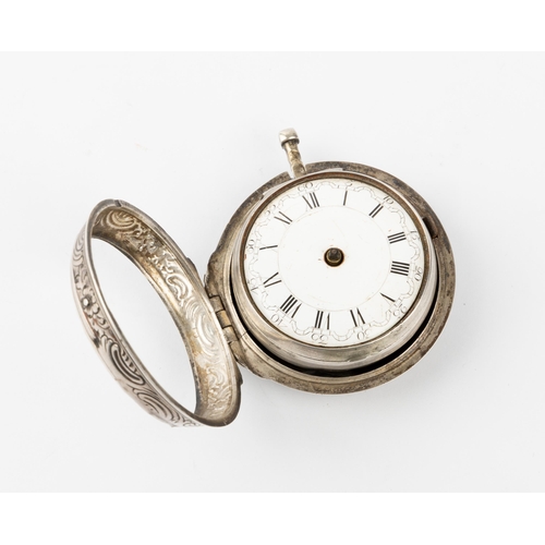 262 - A SILVER REPOUSSE PAIR CASED VERGE WATCH. Signed Joseph Muson, London, No 14959, square baluster pil... 