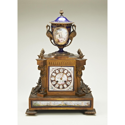 197 - A FRENCH PORCELAIN AND ORMOLU MANTEL CLOCK by Japy Freres no., the plaques decorated with Putti and ... 