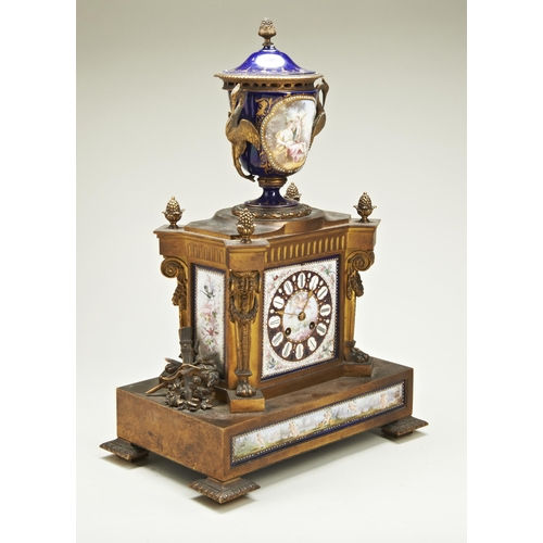 197 - A FRENCH PORCELAIN AND ORMOLU MANTEL CLOCK by Japy Freres no., the plaques decorated with Putti and ... 