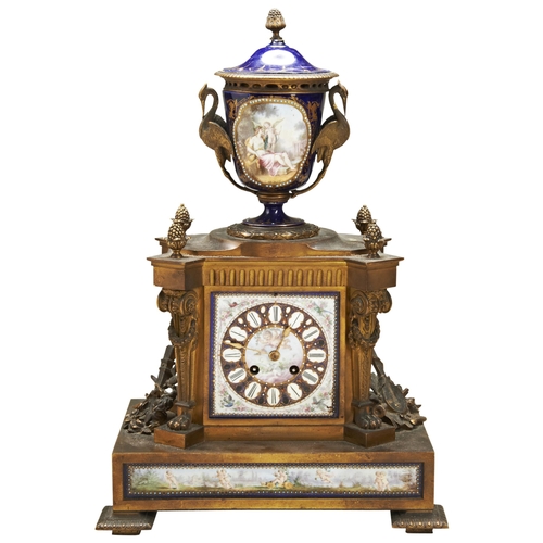 197 - A FRENCH PORCELAIN AND ORMOLU MANTEL CLOCK by Japy Freres no., the plaques decorated with Putti and ... 