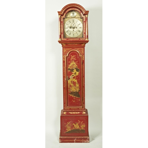 205 - AN 8 DAY QUARTER CHIMING RED JAPANNED LONGCASE CLOCK, 12 inch silvered dial signed R. Woollan, Glast... 