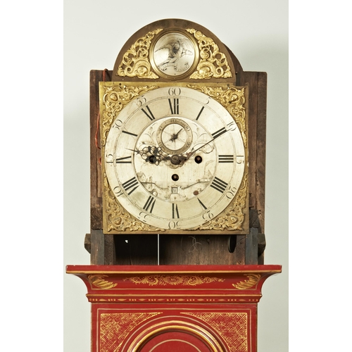 205 - AN 8 DAY QUARTER CHIMING RED JAPANNED LONGCASE CLOCK, 12 inch silvered dial signed R. Woollan, Glast... 