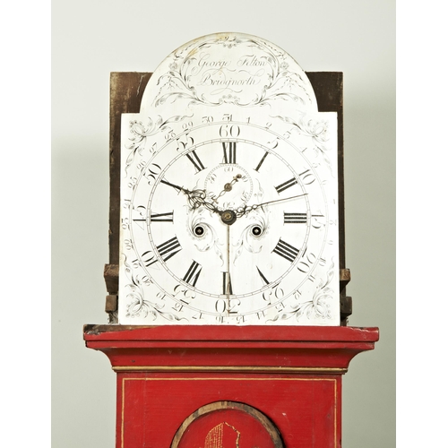 206 - AN 8 DAY RED JAPANNED LONGCASE CLOCK associated 12 inch silvered dial signed George Felton, Bridgnor... 