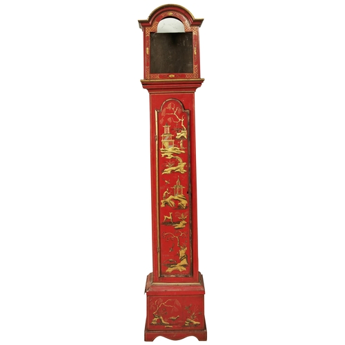 206 - AN 8 DAY RED JAPANNED LONGCASE CLOCK associated 12 inch silvered dial signed George Felton, Bridgnor... 