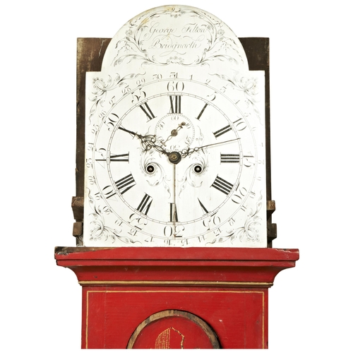 206 - AN 8 DAY RED JAPANNED LONGCASE CLOCK associated 12 inch silvered dial signed George Felton, Bridgnor... 