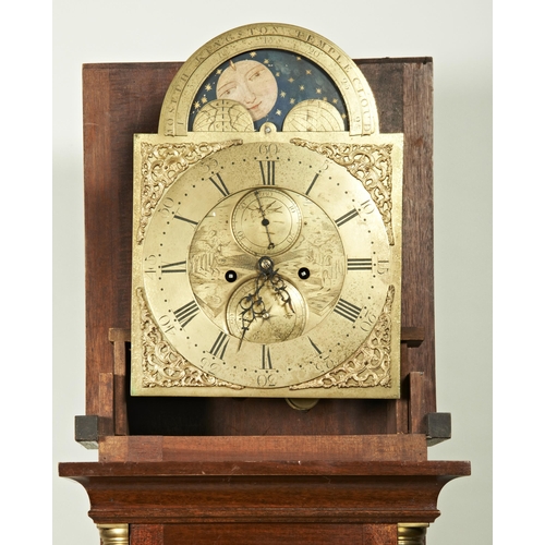 209 - AN 8 DAY MAHOGANY MOONPHASE LONGCASE CLOCK 12.5 inch brass dial signed Joseph Kingston, Temple Cloud... 