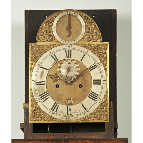 211 - AN 8 DAY WALNUT LONGCASE CLOCK, 12 inch brass dial signed Tillian Rudd, Warminster on the silvered c... 