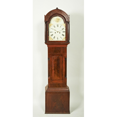 212 - AN 8 DAY MAHOGANY LONGCASE CLOCK 12 inch painted dial unsigned gilt floral spandrels, in a break arc... 