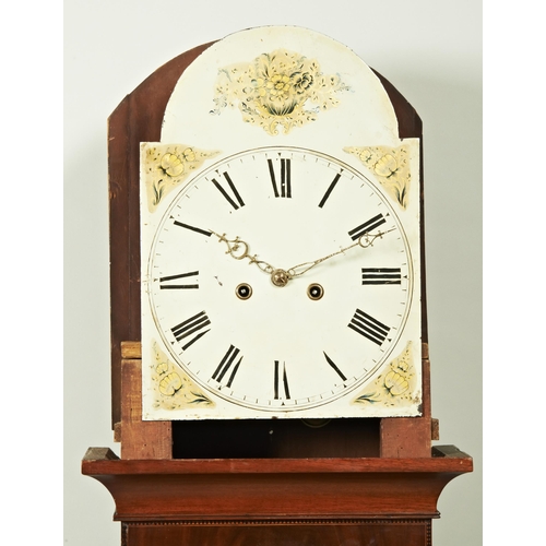 212 - AN 8 DAY MAHOGANY LONGCASE CLOCK 12 inch painted dial unsigned gilt floral spandrels, in a break arc... 