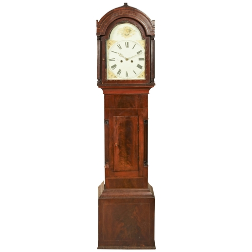 212 - AN 8 DAY MAHOGANY LONGCASE CLOCK 12 inch painted dial unsigned gilt floral spandrels, in a break arc... 