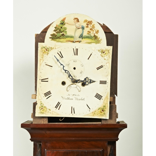 214 - AN 8 DAY MAHOGANY LONGCASE CLOCK 12 inch painted dial signed Jas. White, Wickham Marker, florally pa... 