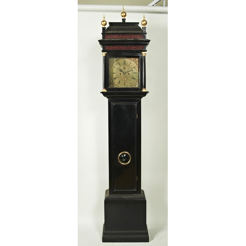 215 - AN 8 DAY EBONISED LONGCASE CLOCK 12 inch brass dial signed Geo. Tyler, Popeshead Alley, London subsi... 