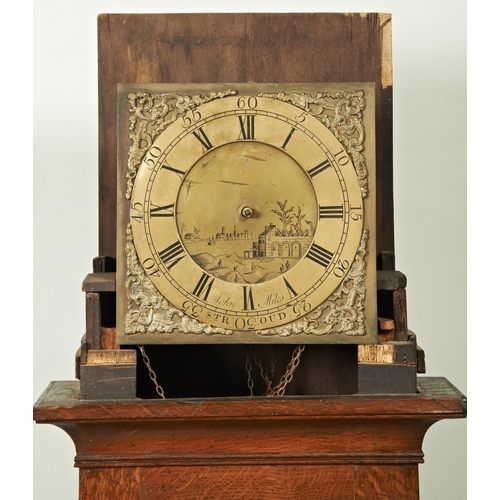 216 - AN OAK 30 HOUR LONGCASE CLOCK 11 inch brass dial signed John Miles, Stroud on the chapter ring; cent... 