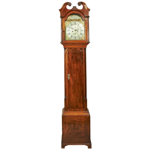 218 - AN 8 DAY MAHOGANY CASE CLOCK 12 inch brass dial signed John Carmichael, Greenock in the arch foliate... 