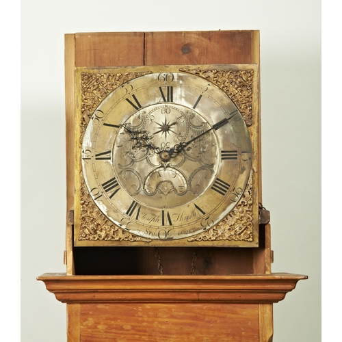 219 - A 30 HOUR STRIPPED PINE LONGCASE CLOCK 12 inch brass dial signed Joseph Thristle, Stogversy; foliate... 