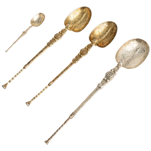 377 - FOUR SILVER-GILT REPRODUCTION ANOINTING SPOONS, C.190225.8 cm, 23 cm. & 11 cm.