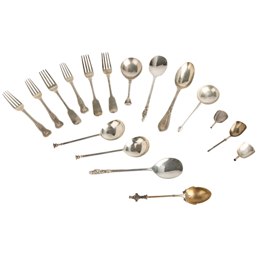 387 - SEVENTEEN PIECES OF ENGLISH HALLMARKED FLATWARE, GEORGIAN AND LATER845 g.