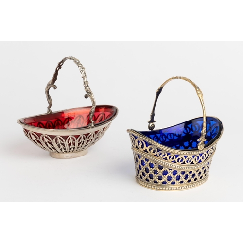 389 - A SILVER-GILT SWING HANDLE BASKET WITH BLUE LINER, SHEFFIELD 1900 Together with another basket with ... 