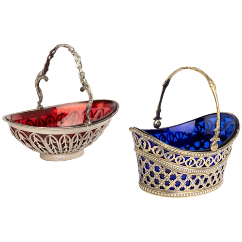 389 - A SILVER-GILT SWING HANDLE BASKET WITH BLUE LINER, SHEFFIELD 1900 Together with another basket with ... 