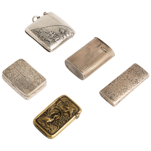 390 - A VESTA CASE WITH AN EARLY MOTORING SCENE, BIRMINGHAM 1907 Together with three Victorian silver vest... 