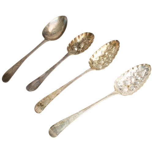 401 - THREE BERRY SPOONS ALL GEORGIAN and a bright cut table spoon232 g.