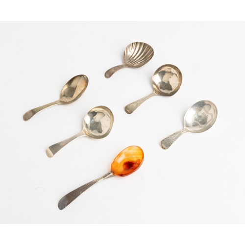 403 - A CADDY SPOON WITH BRIGHT CUT HANDLE AND AGATE BOWL, LONDON 1787 Together with three Old English pat... 