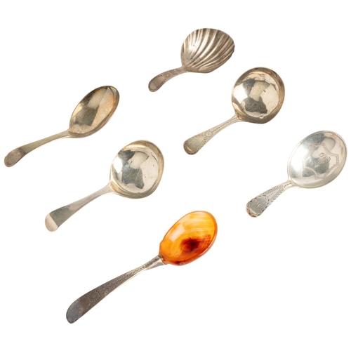 403 - A CADDY SPOON WITH BRIGHT CUT HANDLE AND AGATE BOWL, LONDON 1787 Together with three Old English pat... 