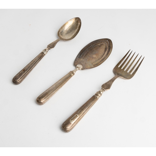 408 - A PAIR OF OLD ENGLISH THREAD SALAD SERVERS, LONDON 1801 Together with a fish slice, London 1796.28 c... 