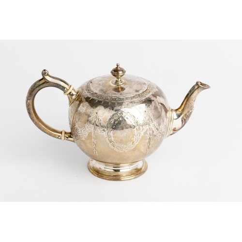 418 - A SMALL SPHERICAL VICTORIAN TEAPOT, LONDON 1867 With engraved swag decoration and a silver handle.17... 