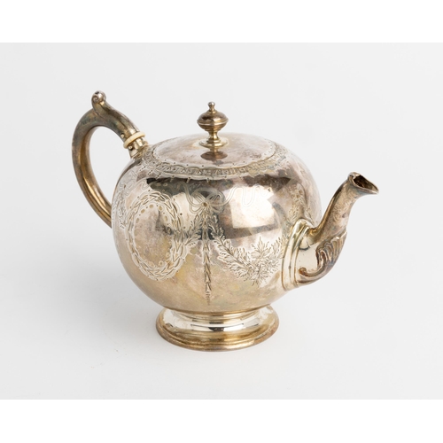 418 - A SMALL SPHERICAL VICTORIAN TEAPOT, LONDON 1867 With engraved swag decoration and a silver handle.17... 