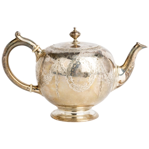 418 - A SMALL SPHERICAL VICTORIAN TEAPOT, LONDON 1867 With engraved swag decoration and a silver handle.17... 