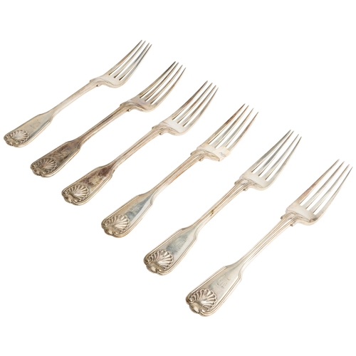 427 - A SET OF 6 FIDDLE THREAD & SHELL TABLE FORKS, LONDON 1853 Made by Elizabeth Eaton.20.5 cm.626 g.... 