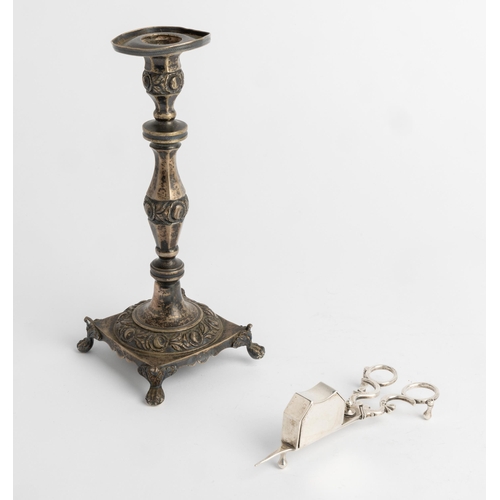 348 - A PORTUGUESE CANDLE STICK, LISBON C. 1860 Together with a pair of Portuguese scissor action candle s... 