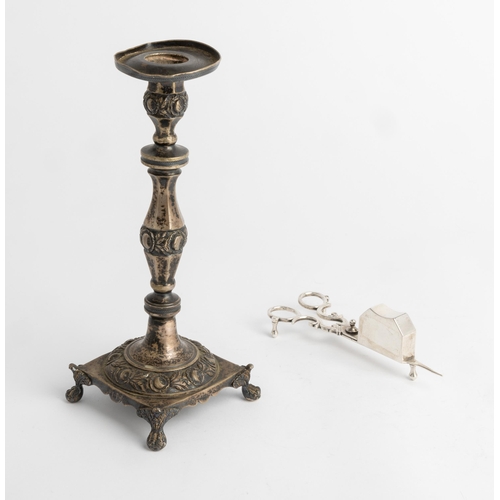 348 - A PORTUGUESE CANDLE STICK, LISBON C. 1860 Together with a pair of Portuguese scissor action candle s... 