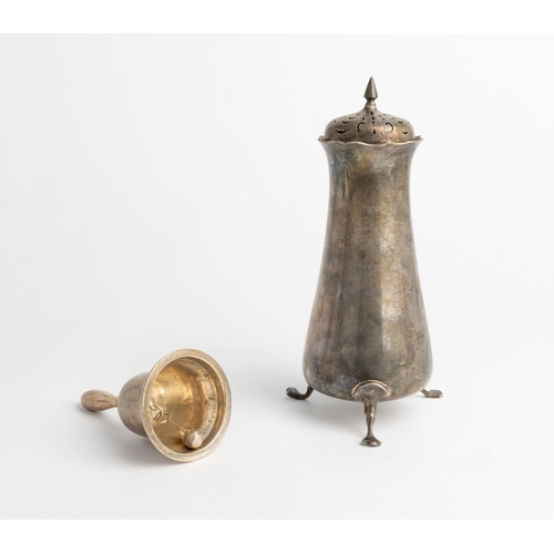 435 - A HEAVY TABLE BELL, LONDON 1938 Together with a tall plain sugar caster, Birmingham 1907.The bell 13... 