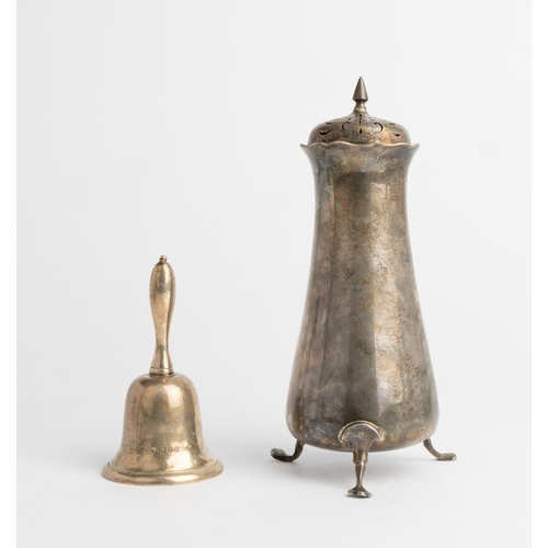 435 - A HEAVY TABLE BELL, LONDON 1938 Together with a tall plain sugar caster, Birmingham 1907.The bell 13... 