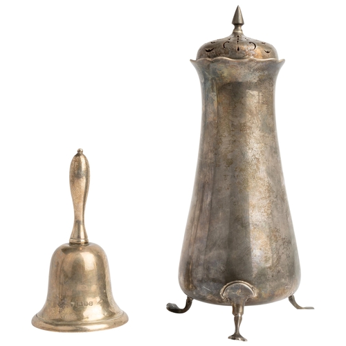 435 - A HEAVY TABLE BELL, LONDON 1938 Together with a tall plain sugar caster, Birmingham 1907.The bell 13... 