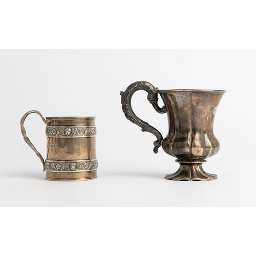 437 - A GEORGE III CHRISTENING MUG, LONDON 1818 With a cast entwining snake handle and two bands of cast g... 