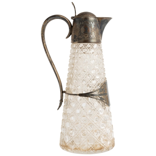 439 - A SILVER MOUNTED GLASS CLARET JUG, SHEFFIELD 1875 A hobnail cut glass jug with silver lid, handle an... 