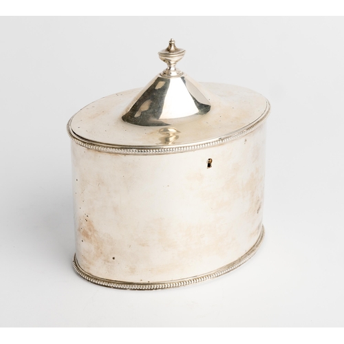 440 - AN GEORGIAN OVAL LOCKABLE TEA CADDY, LONDON 1785 With a hinged lid and bead bands of bead to the rim... 