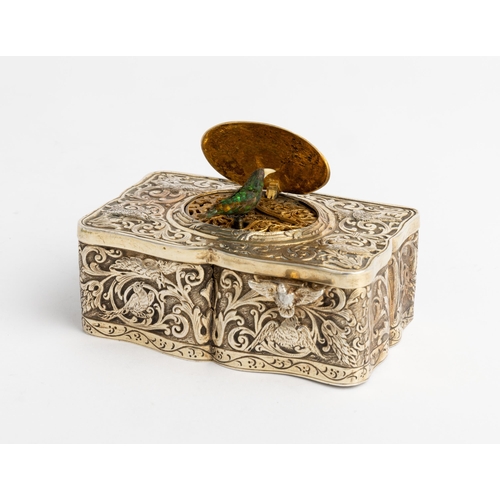 350 - A SILVER GILT MUSIC BOX WITH SINGING BIRD, C.1880 The box flat chased with scrolls, flowers and bird... 