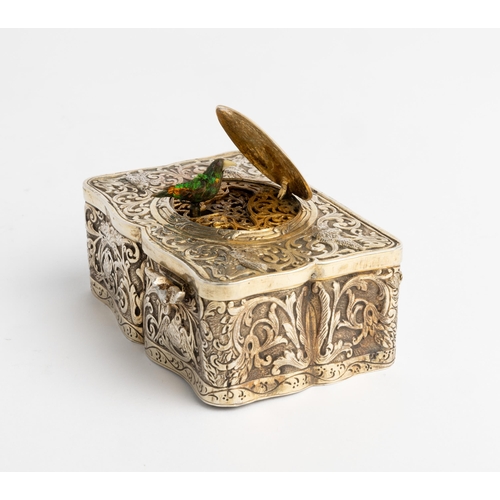 350 - A SILVER GILT MUSIC BOX WITH SINGING BIRD, C.1880 The box flat chased with scrolls, flowers and bird... 