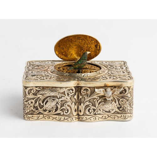 350 - A SILVER GILT MUSIC BOX WITH SINGING BIRD, C.1880 The box flat chased with scrolls, flowers and bird... 