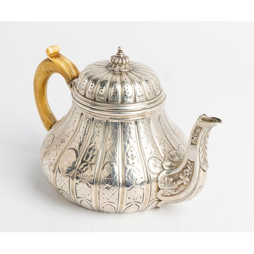 450 - A COMPRESSED BALUSTER SHAPE TEAPOT, LONDON 1843 With flat chased early 18th century style decoration... 