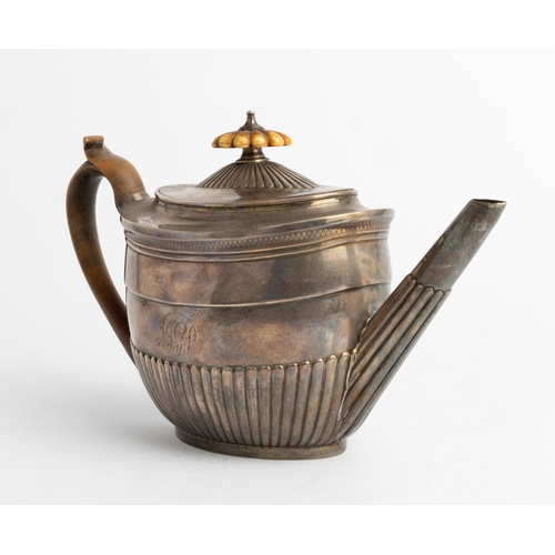 459 - A HALF FLUTED GEORGE III OVAL TEAPOT, LONDON 180127 cm.470 g.Ivory Exemption Certificate Submission ... 