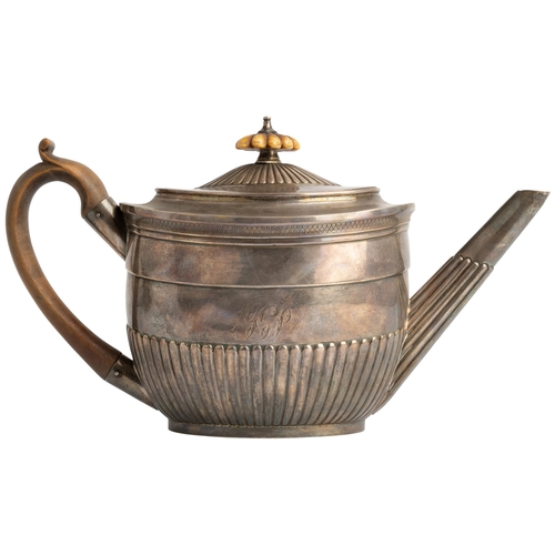 459 - A HALF FLUTED GEORGE III OVAL TEAPOT, LONDON 180127 cm.470 g.Ivory Exemption Certificate Submission ... 