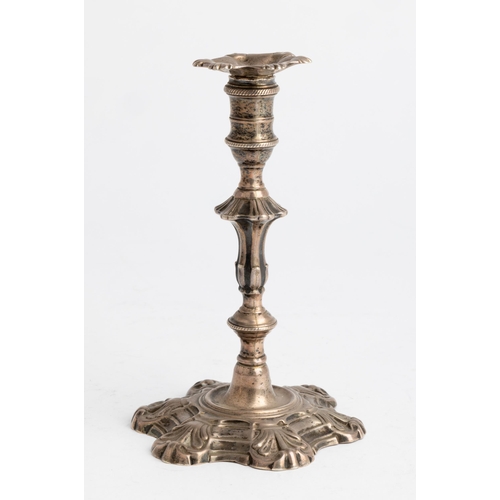 464 - A GEORGE II TAPER STICK, LONDON 1758 With a detachable sconce on a six shell base.13.5 cm.176 g.... 