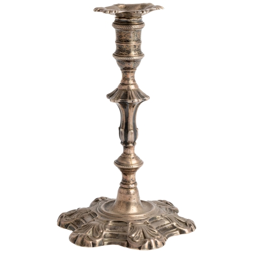 464 - A GEORGE II TAPER STICK, LONDON 1758 With a detachable sconce on a six shell base.13.5 cm.176 g.... 